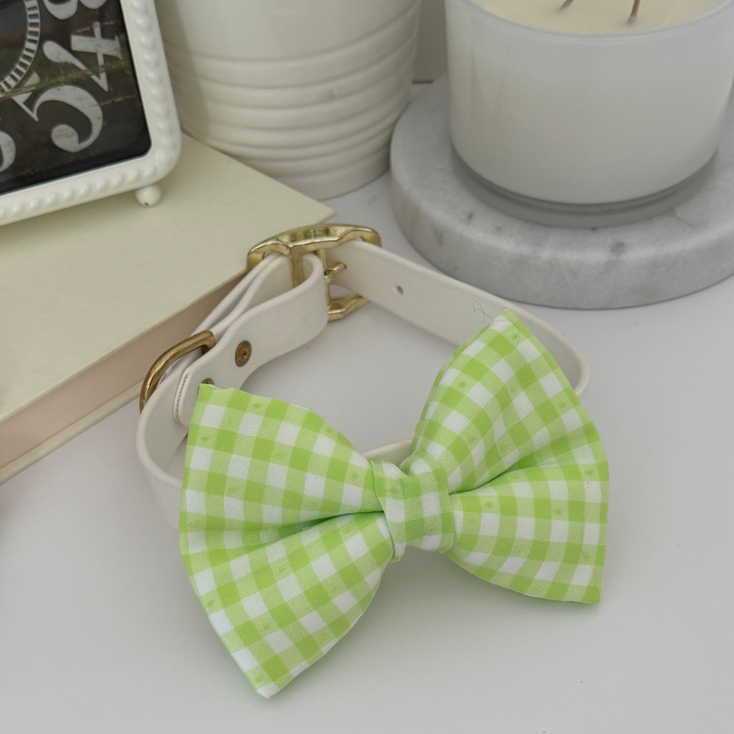 Green gingham handmade dog bow accessory for stylish dogs