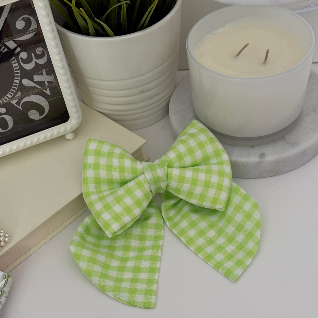 Green gingham handmade dog bow accessory for stylish dogs