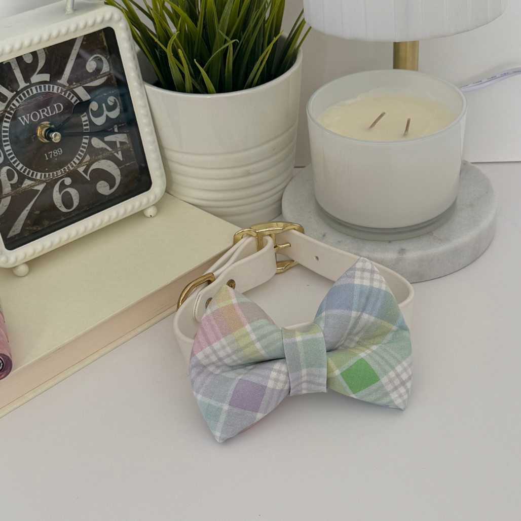 Pastel plaid handmade over the collar dog bow accessory for stylish dogs