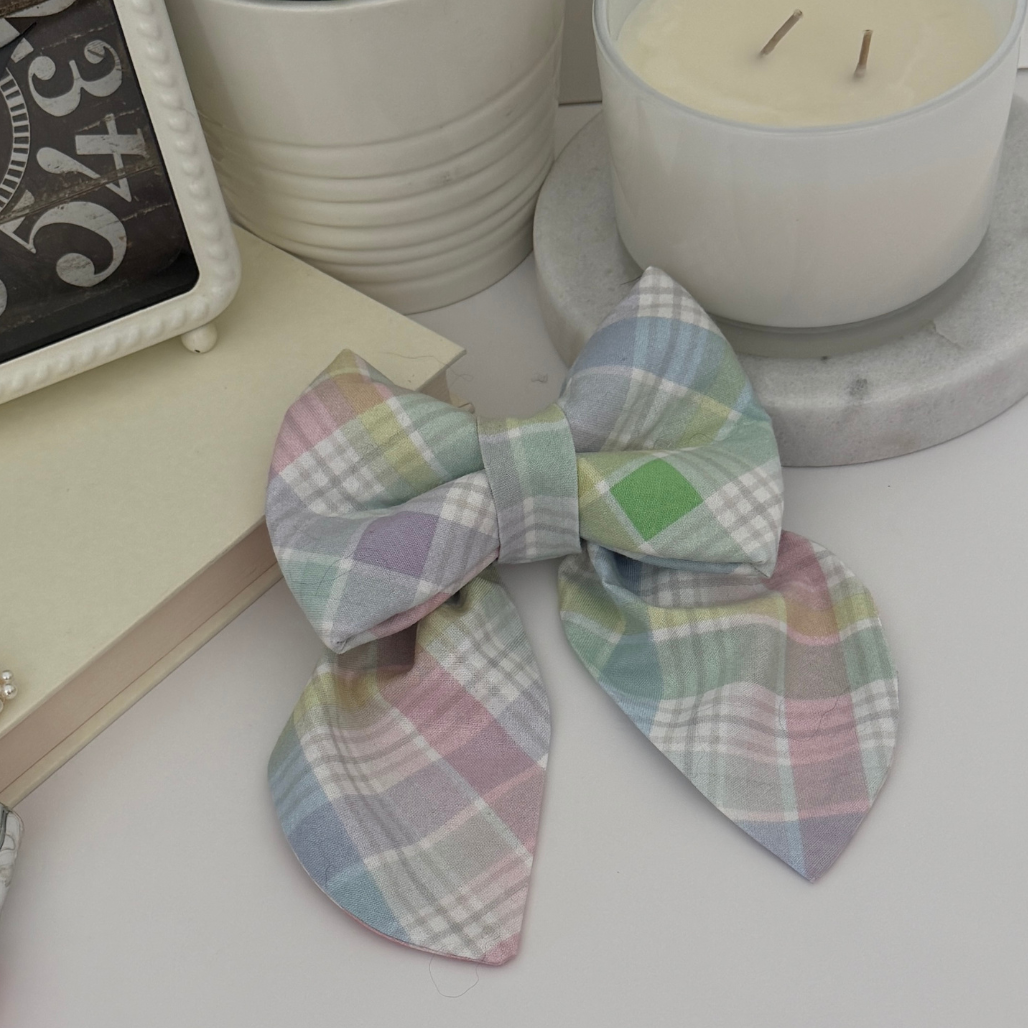Pastel plaid handmade over the collar sailor dog bow accessory for stylish dogs